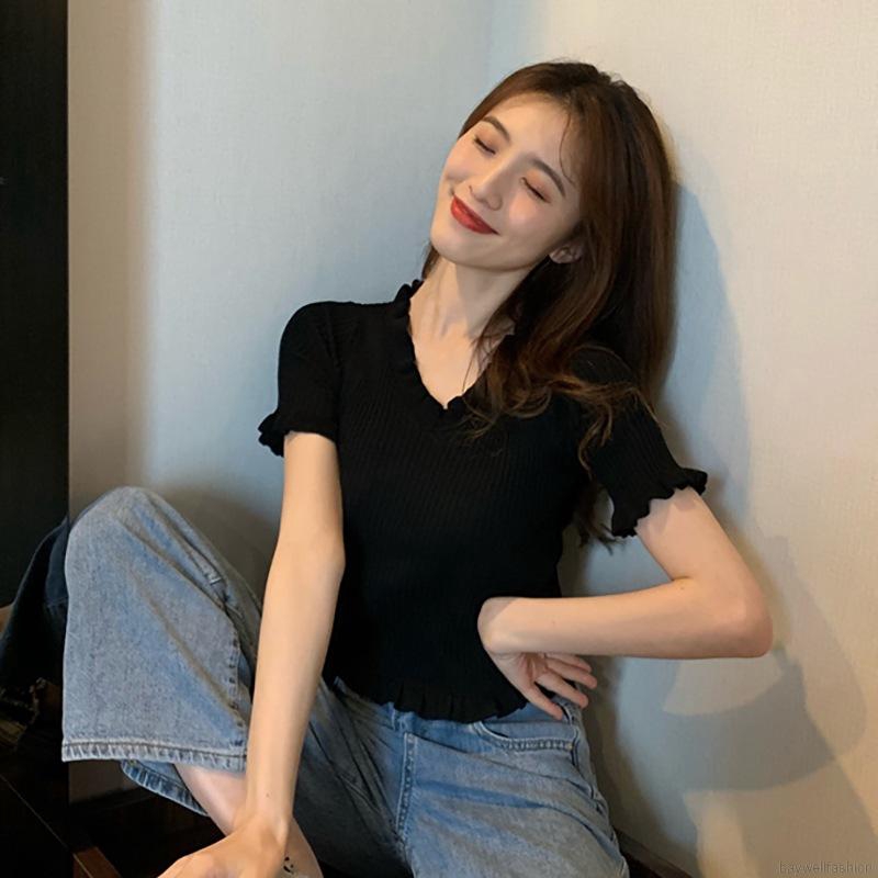 [Baywellfashion]Korean Style Sexy Knit Short V-neck Solid Color Stringy Selvedge Simple Casual Comfortable Women's Tops | BigBuy360 - bigbuy360.vn
