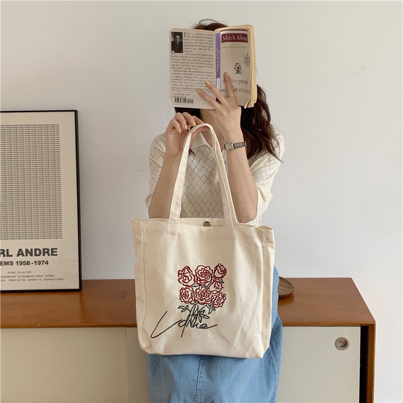 Túi Vải Canvas Thêu Hoa Hồng Thời Trang 2021 Dành Cho Nữ