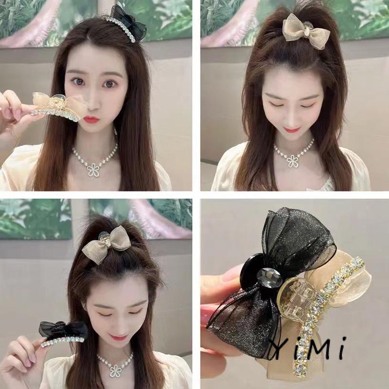 Kẹp Tóc Nơ Đính Đá Kim Cương Giả Hai Mặt Vải Lưới Kích Thước Nhỏ Cài Tóc Đuôi Ngựa Mùa Hè