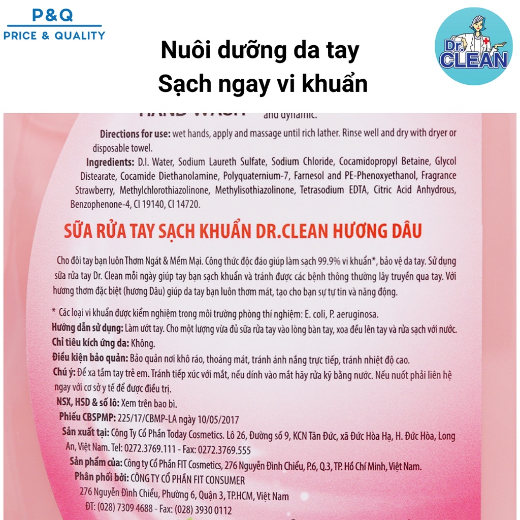 Nước rửa tay, vệ sinh, dưỡng da tay Dr Clean 500ml mẫu mới hương chanh, hương táo, hương dâu | BigBuy360 - bigbuy360.vn