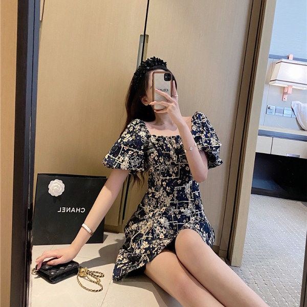 French girl's sense square neck bubble sleeve floral dress summer light mature style retro fairy skirt