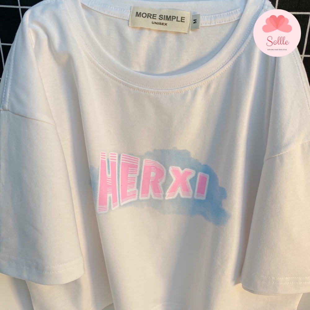 Áo croptop ngắn tay phom rộng in HERXI cotton đẹp phong cách Ulzzang Hàn Quốc Sollle