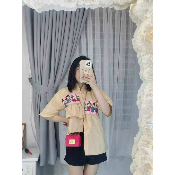 [ Miễn phí ship 2022 ] Set áo sơ mi vạc lệch, bộ chéo tà in hình cute quần short đen đi chơi mặc nhà dễ thương