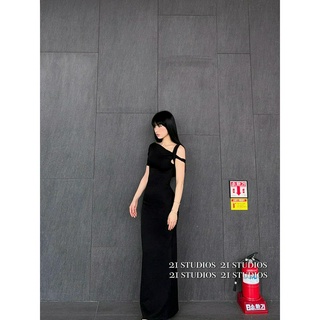 Shanmieleng Pháp Retro Bất Đối Xứng Off-the-Shoulder Đầm Siêu Cổ Tích Slim-fit Ôm Hơn Nhìn Tay Ngắn