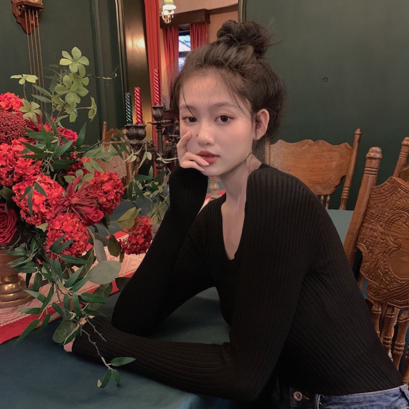 Áo dệt kim tay dài cổ tròn dáng ngắn quyến rũ thời trang cho nữ