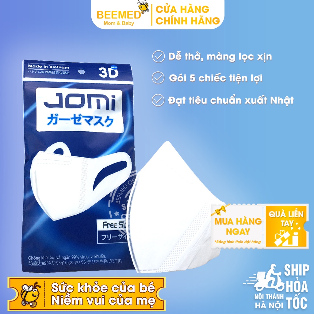 Khẩu trang 3D Jomi lọc khói bụi mịn với màng lọc Meltblown, kháng khuẩn, dây co giãn - túi 5 chiếc màu trắng