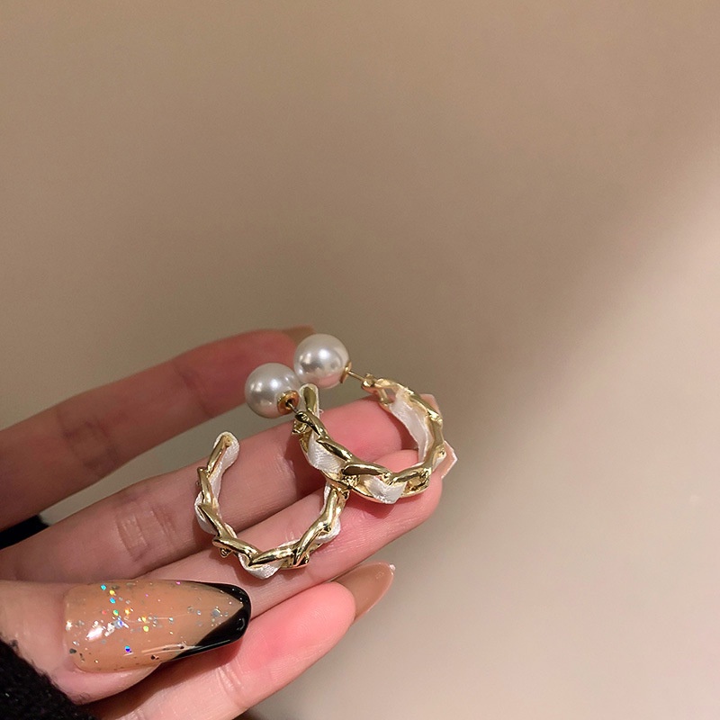 Bông tai mạ bạc 925 hình chữ C đính ngọc trai thời trang thanh lịch