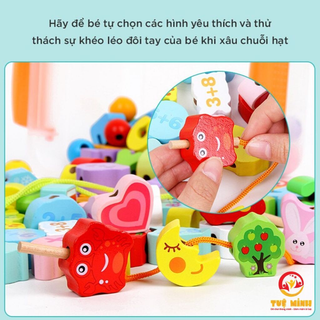 Xâu hạt gỗ 106 chi tiết nhiều chủ đề đồ chơi trí tuệ cho bé phát triển tư duy Tuệ Minh Kids