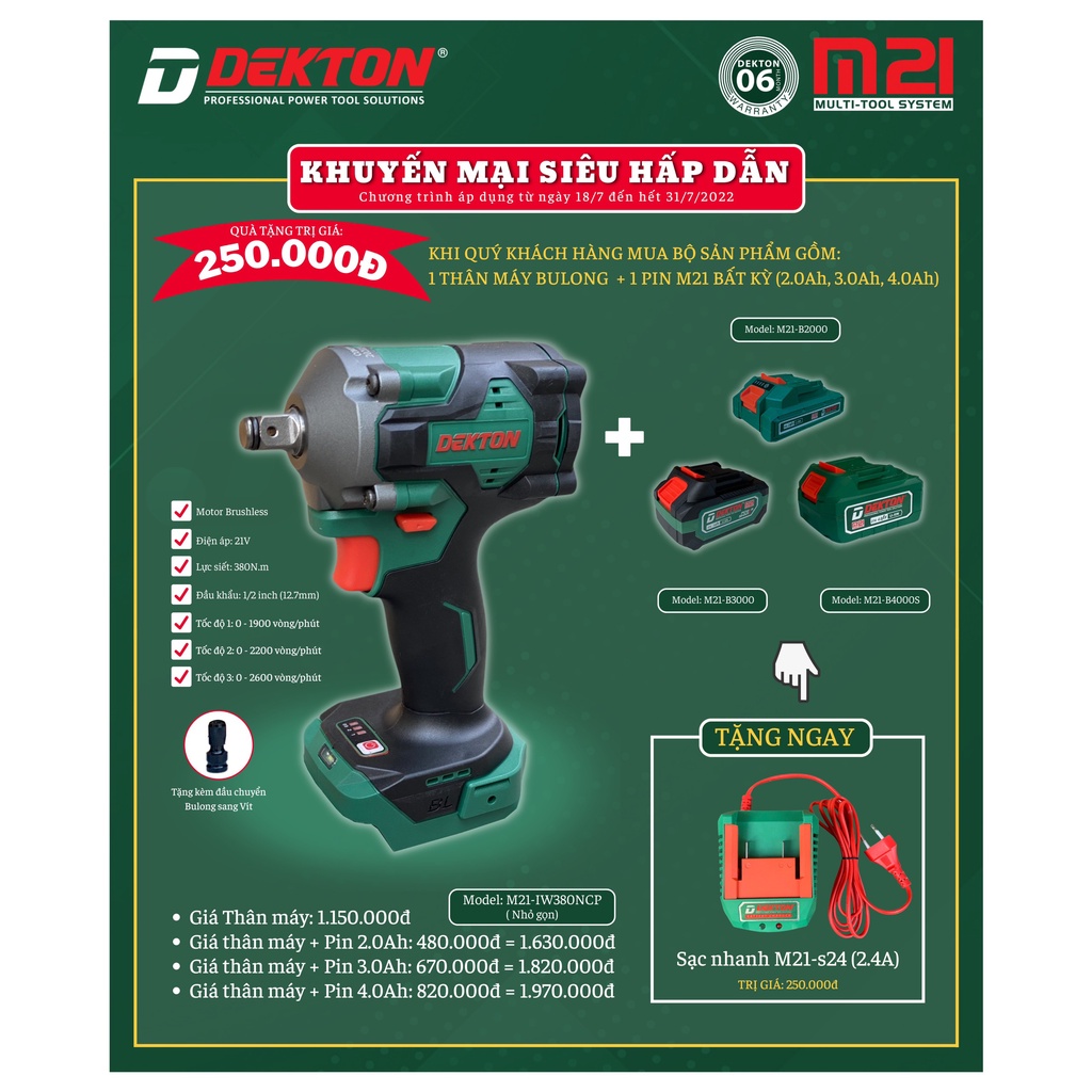 Máy Siết Bulong Dùng Pin Dekton M21-IW380NCP - Motor Brushless - Lực Siết 380Nm - Chân Pin Phổ Thông