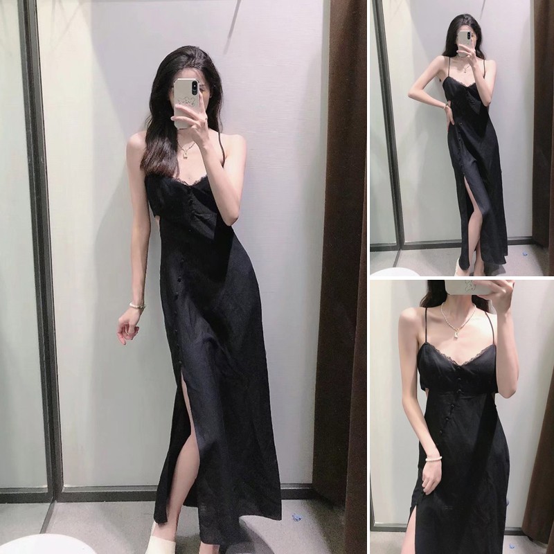 ĐẦM MIDI HAI DÂY KHOÉT TẠO KIỂU MÀU ĐEN - 2298/177