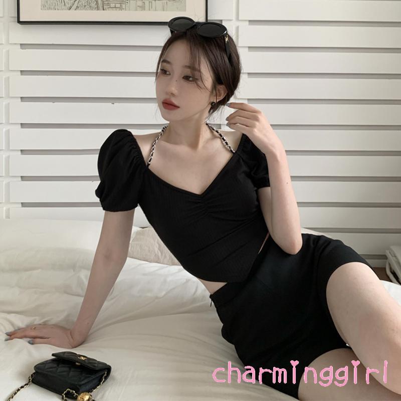 CHM-Women´s Halter Crop Tops Short Sleeve Solid Color Back Hollow Out Slim Fit T-Shirts