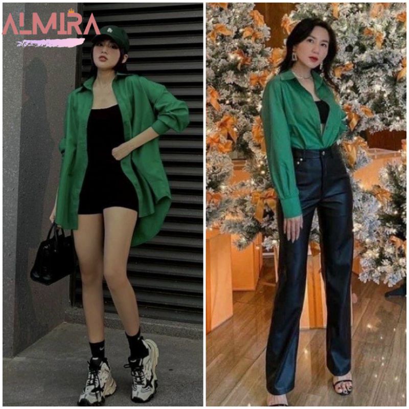 Áo Sơ Mi Dài Tay Màu Xanh Hot trend Form Rộng Hàn Quốc, Áo Sơ Mi Nữ Hàn Quốc