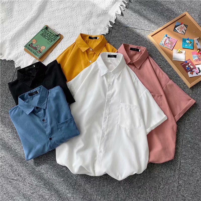 Summer Korean style solid color loose short-sleeved shirt for men