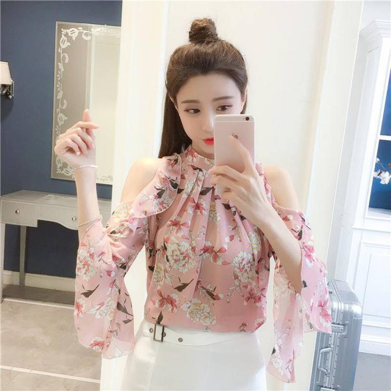 Áo voan hoạ tiết hoa hở vai tay bèo phong cách hàn quốc