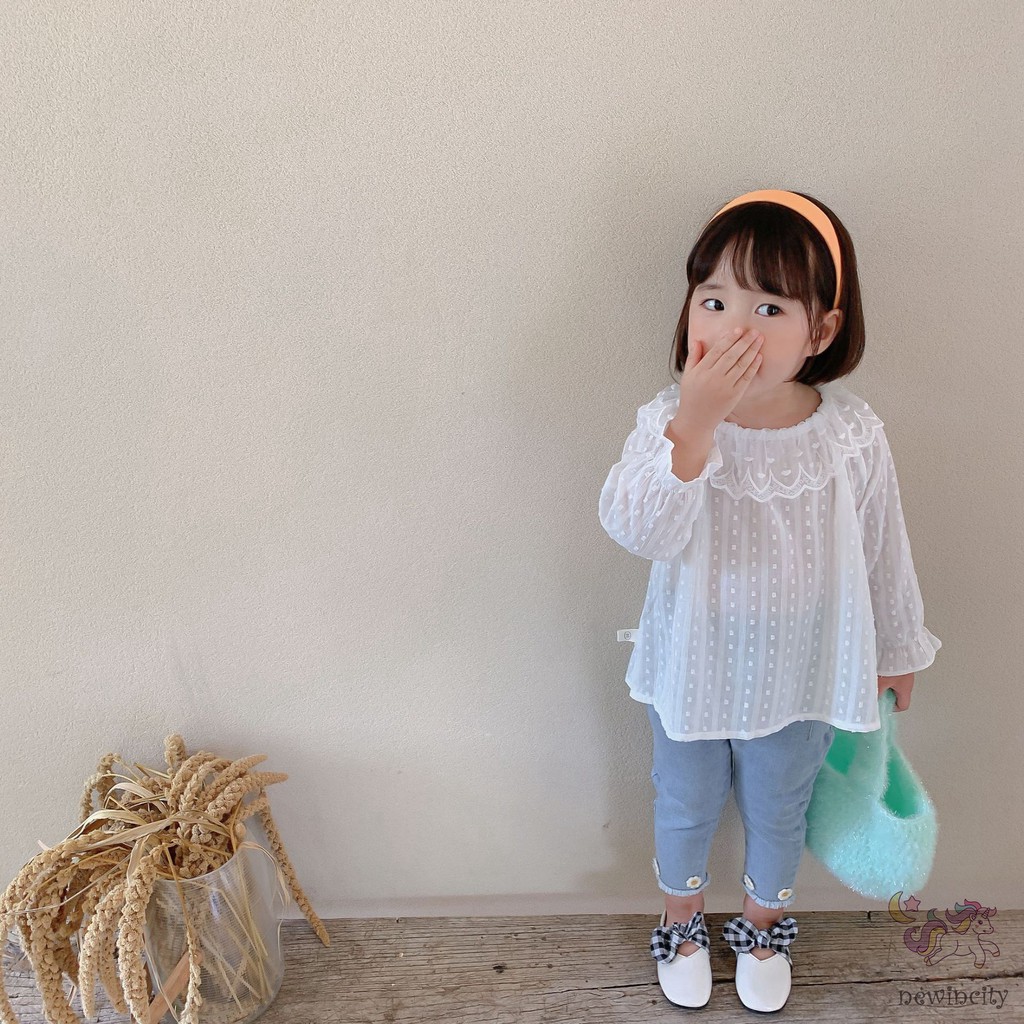 Áo sơ mi dai tay phối ren phong cách Hàn Quốc thời trang xinh xắn cho bé gái