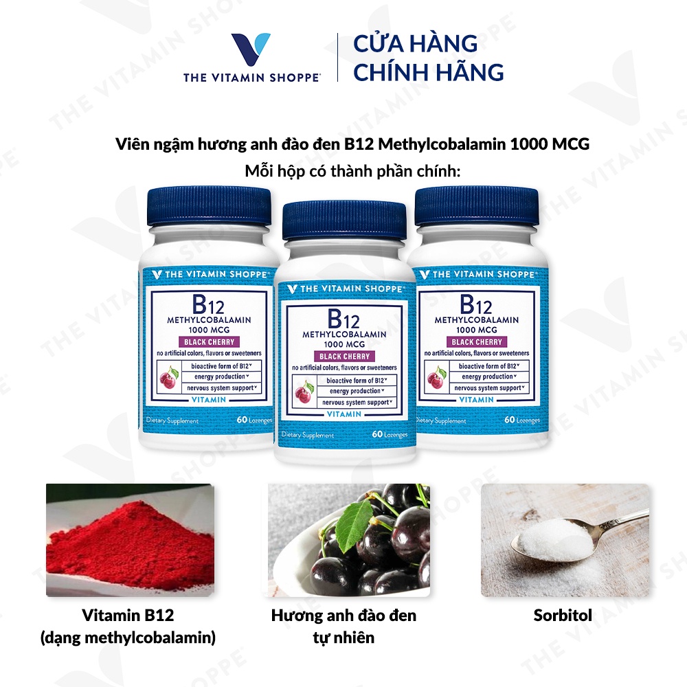 Viên ngậm hỗ trợ tạo máu và hệ thần kinh THE VITAMIN SHOPPE B12 Methylcobalamin 1000 MCG 60 viên