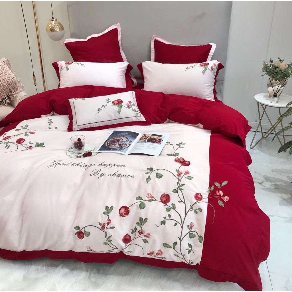 Drap bọc chăn ga lụa cao cấp, thêu Lựu đỏ sung túc và sang trọng