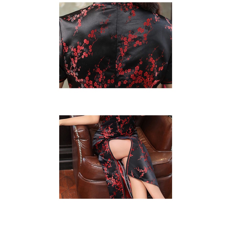 Đầm Sườn Xám Cách Tân Vải Satin Tay Ngắn Xẻ Tà Trước Kiểu Trung Hoa Cổ Điển Thời Trang Cho Nữ