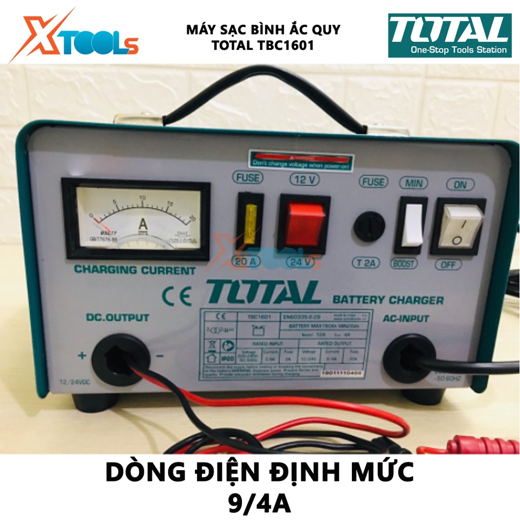 Máy sạc bình điện ắc qui TOTAL TBC1601 Thiết bị sạc bình Điện áp vào 12/24V Dòng điện định mức 9/4A hỗ trợ sạc bình