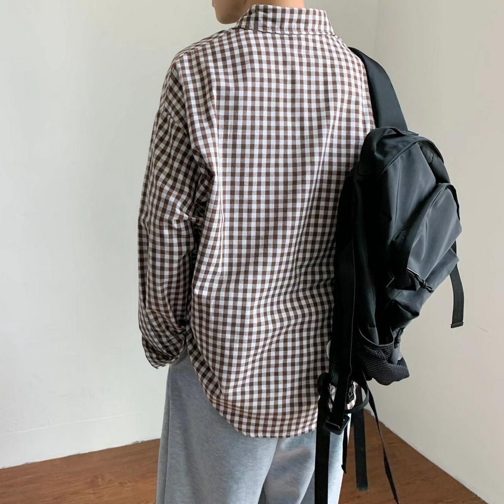 Áo Sơ Mi Tay Ngắn Dáng Rộng Họa Tiết Sọc Caro Phong Cách Hàn Quốc Thời Trang Cho Nam