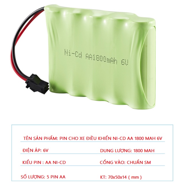 Pin sạc AA6V 1800mAh Ni-Cd cho xe đồ chơi ô tô mô hình điều khiển, Cáp sạc chuẩn SM