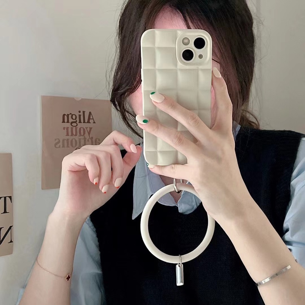 Thời Trang Ốp Điện Thoại Tpu Mềm Hình Vuông Họa Tiết Kẻ Ô 3D Có Vòng Đeo Tay Cho Iphone 13 12 pro max 11 pro max xs max xr X