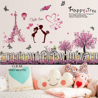 Decal Dán Tường Combo Chân Tường Hàng Rào Happy Tree Và Tình Yêu Paris