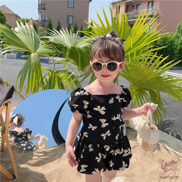 Set Áo Cổ Vuông Thắt Nơ + Quần Short Phong Cách Hàn Quốc Dành Cho Bé Gái