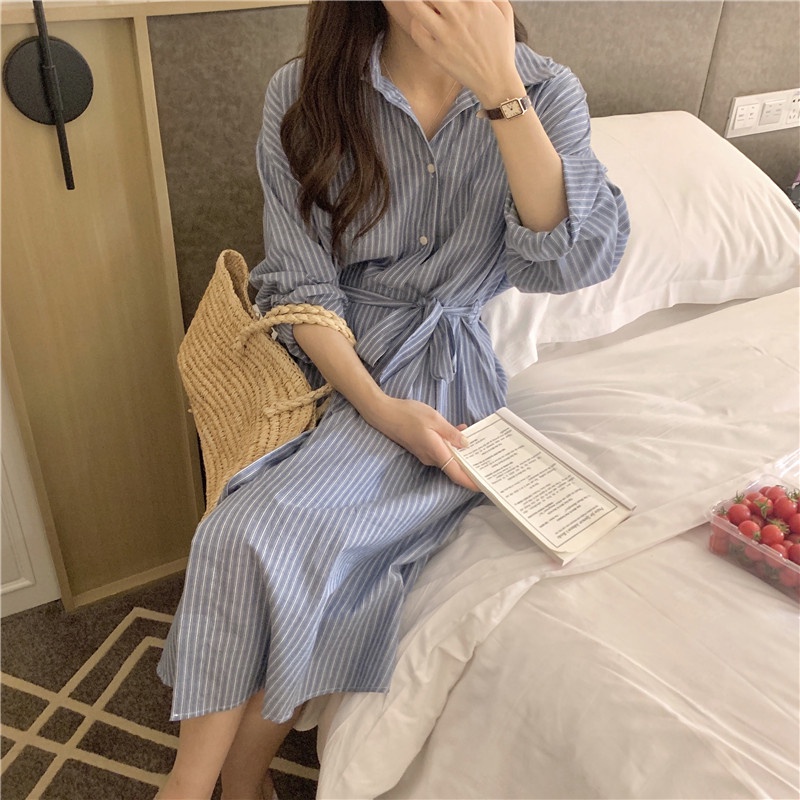 Đầm Tay Dài Dáng Rộng Kẻ Sọc Cài Khuy Kiểu Mới 45697