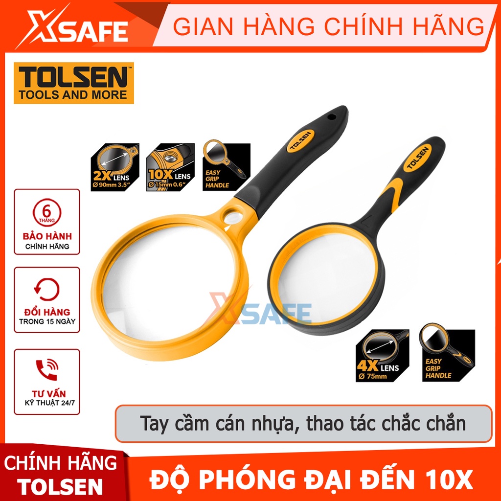 Kính lúp cầm tay 220x 97mm/190x85mm Tolsen, độ phóng đại lên đến 10x, tay cầm cao su chống trơn trượt, kính lúp độ nét