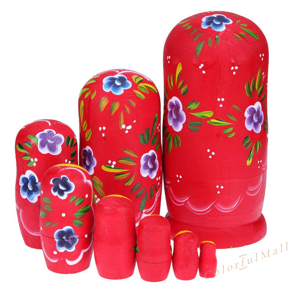 （ColorfulMall）   8pcs Wooden Red Girl Russian Matryoshka Doll Handmade Nesting Dolls Gift