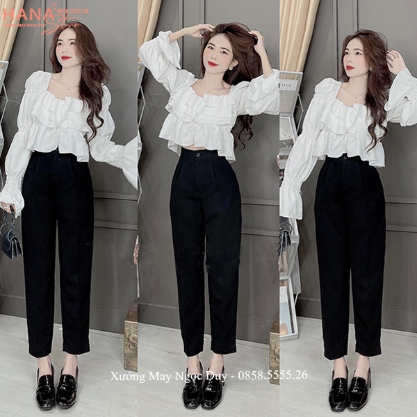 Quần baggy nữ công sở cạp cao có đỉa màu Đen dáng dài kiểu quần tây nữ lưng cao đi học công sở vải dày mềm co giãn nhẹ