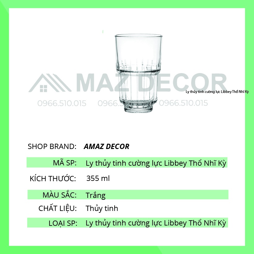 [Sỉ] Bộ 6 cốc ly thủy tinh cường lực Libbey Thổ Nhĩ Kỳ LinQ White Rock TarQ Beverage - 355ml 16078 cao cấp