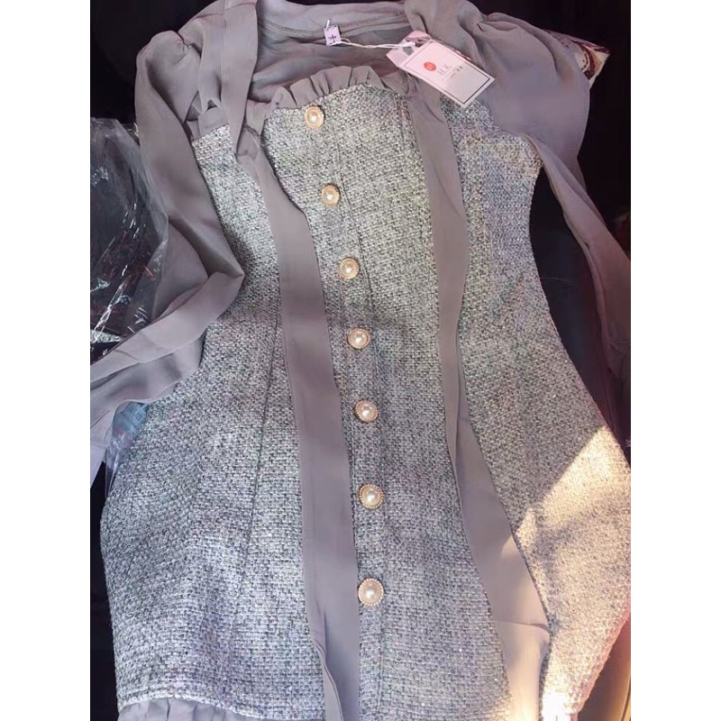 Váy dạ tweed tay voan cổ nơ dáng xoè ngắn ORDER
