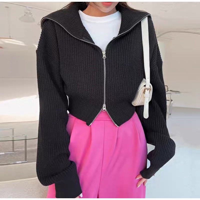 Áo len khoác khoá kéo cổ bè dáng croptop