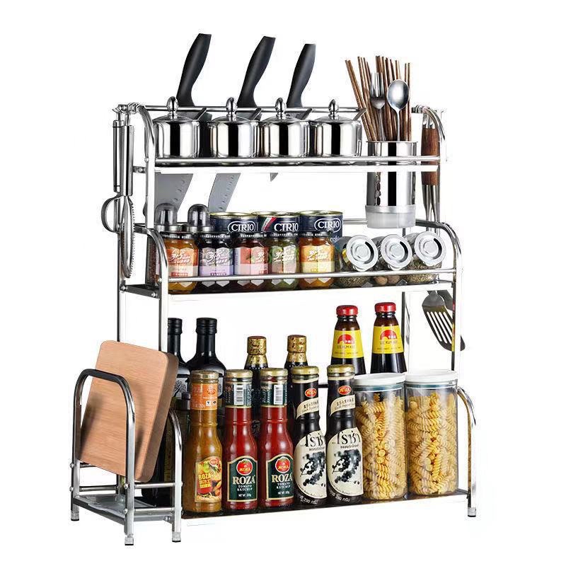 Kệ Đựng Gia Vị Nhà Bếp INOX 304 Đặt Bàn Cao Cấp Không Han Gỉ,  Tặng Kèm Khay Để Thớt, Cắm Dao Tiện Dụng