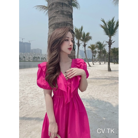 Váy Thô Dáng Dài Cổ V Nơ Sau Bèo Ngực Màu Siêu Xinh