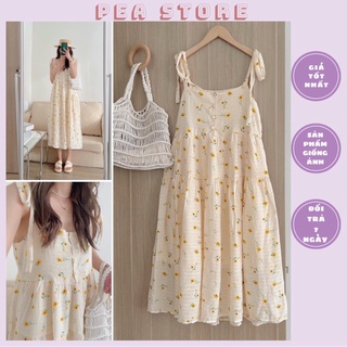 Váy 2 dây nơ vai hoa cúc vàng đũi mềm xinh xắn - Đầm 2 dây hoa cúc vàng dáng xoè tầng Pea Store (Ảnh thật/Sẵn)