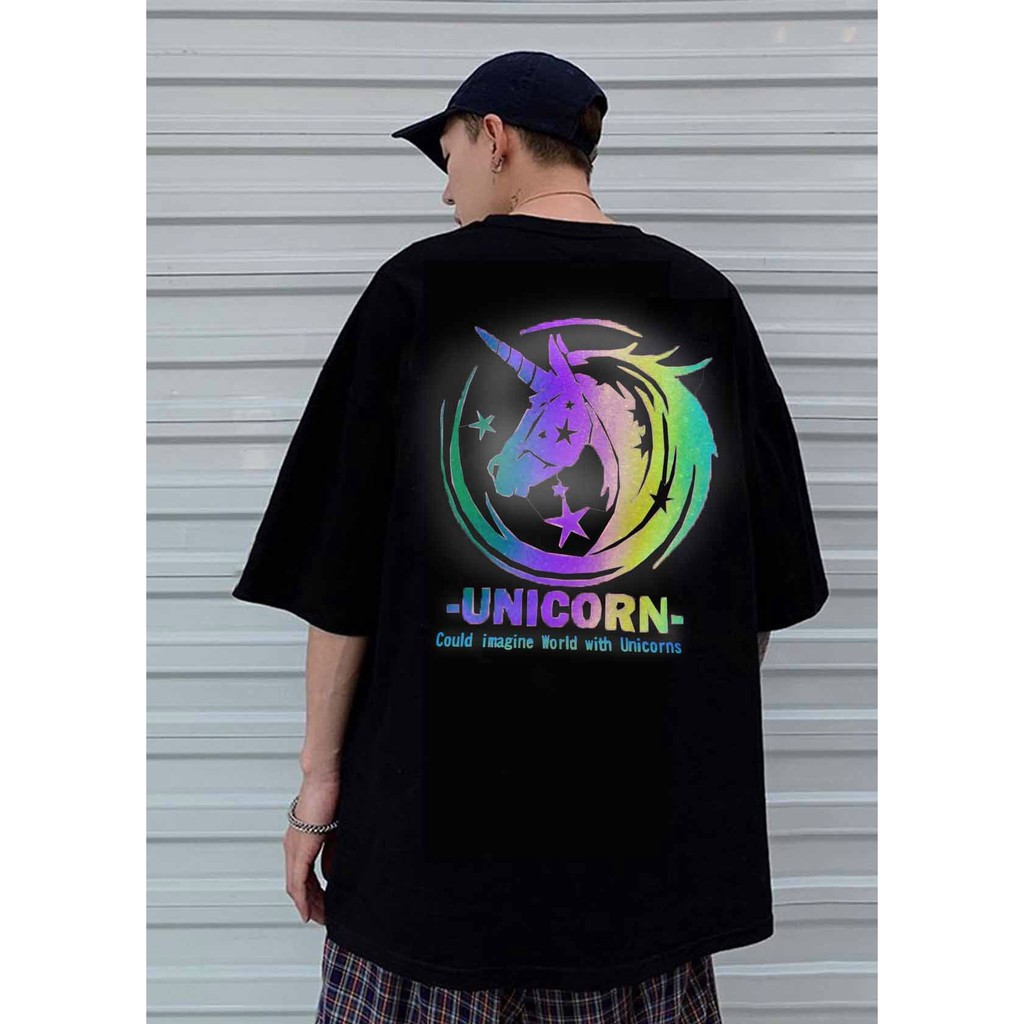Áo thun phản quang tay lỡ nam nữ vải cotton - unicorn