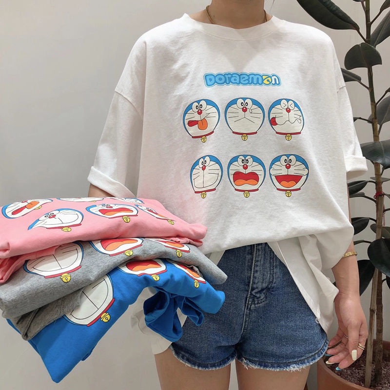Doraemon cartoon plus size fat loose Korean version of pure cotton short-sleeved t-shirt women summer clothes