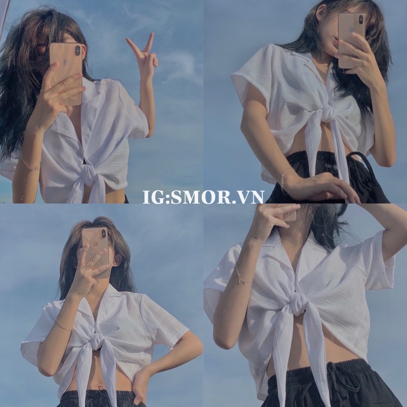 [ẢNH THẬT ĐỘC QUYỀN SMOR.VN] Áo croptop sơ mi cột nơ sọc nổi Gree
