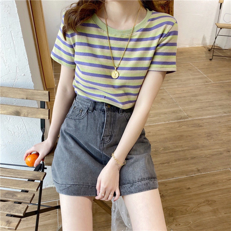 Áo Thun Tay Ngắn Dáng Ôm 95% Cotton Kẻ Sọc Ngang Trẻ Trung Hợp Thời Trang Hè Phong Cách Hàn Quốc