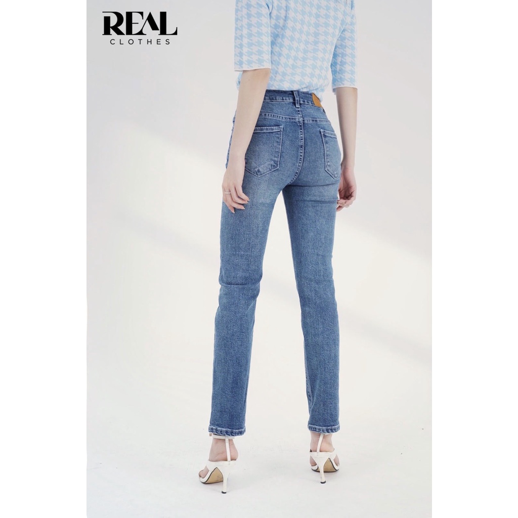 Quần jeans nữ xanh nhạt basic, lưng cao, co giãn, có túi, tôn dáng