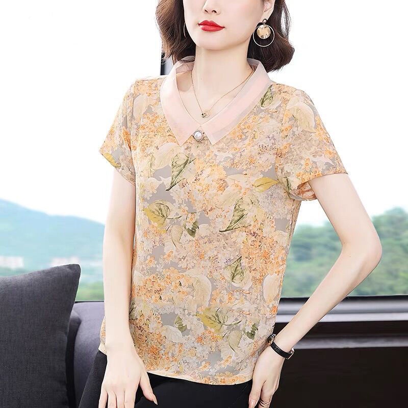 Áo Sơ Mi chiffon Cổ Búp Bê In Họa Tiết Hoa Thời Trang Mùa Hè Cho Nữ Trung Niên