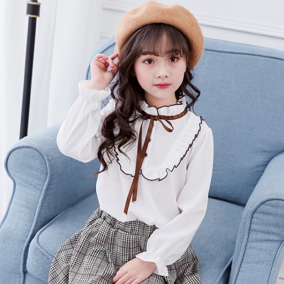 Set đồ gồm chân váy và áo sơ mi tay dài phong cách Hàn Quốc thời trang cho bé gái 4-12 tuổi
