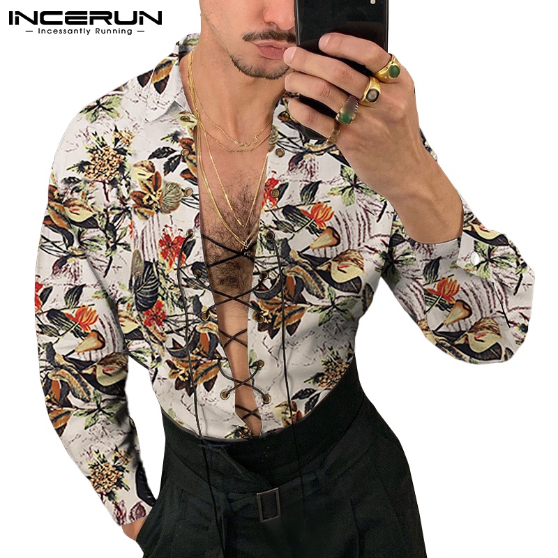 Áo sơ mi INCERUN từ cotton tay dài cổ thắt dây in hoa phong cách vintage tùy chọn màu sắc cho nam