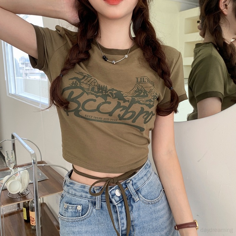 Áo Thun Croptop Tay Ngắn Cổ Tròn In Chữ Phong Cách Hàn Quốc Thời Trang Cho Nữ