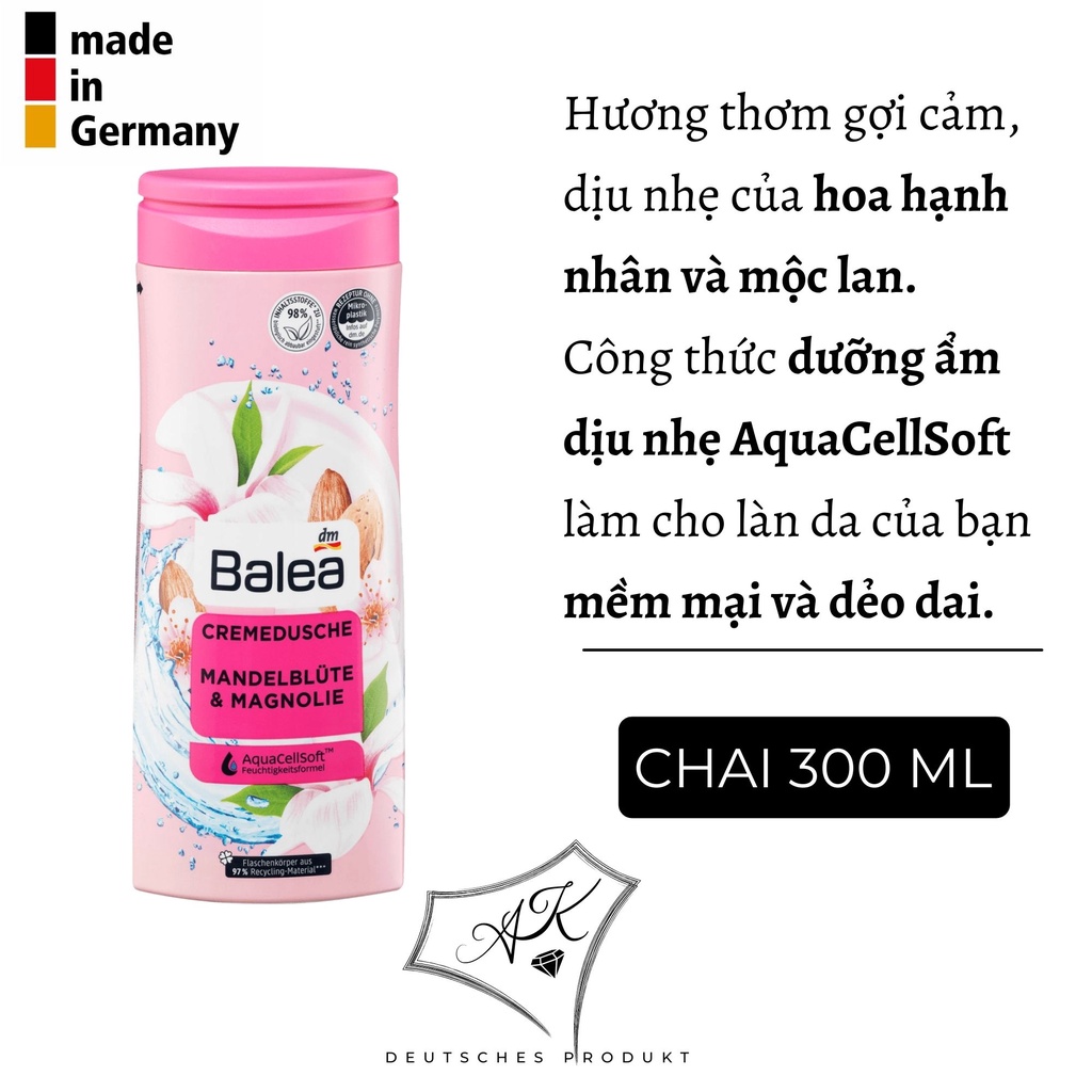 [ Hàng Đức ] Sữa tắm Balea hàng nội địa Đức, mềm mịn dưỡng ẩm cho mọi loại da - 300ml