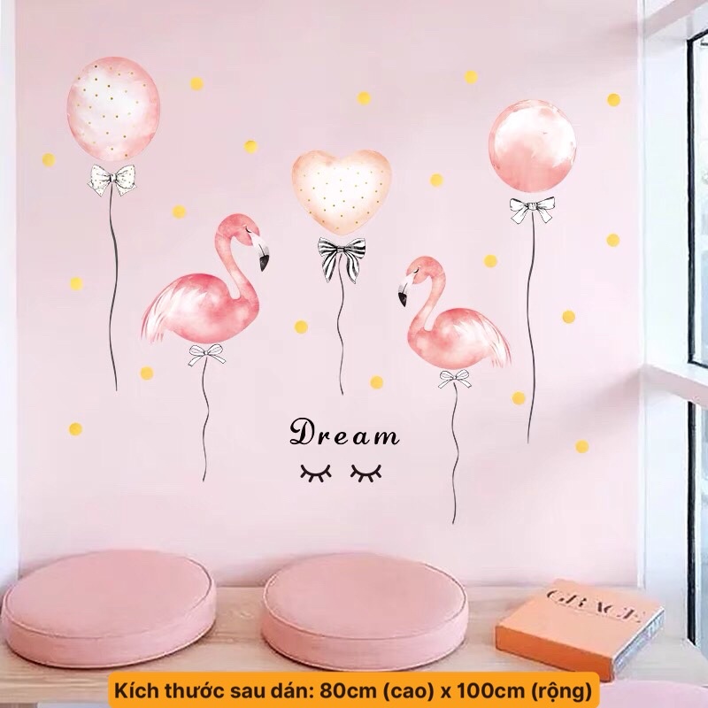 Decal dán tường hồng hạc và bóng bay trang trí phòng ngủ dễ thương.