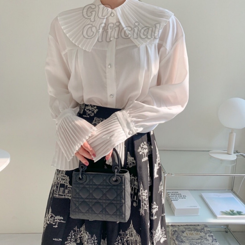 A77|Áo sơ mi polo cotton nữ trơn cổ tròn dài tay loe phồng xếp ly thanh lịch,sang trọng suông rộng màu trắng GD Official